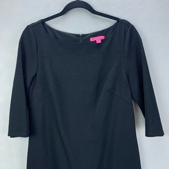 Betsey Johnson Dress Womens 10 Black Sheath 3/4 Sleeve Cutout‎ Pockets Stretch - Picture 2 of 16